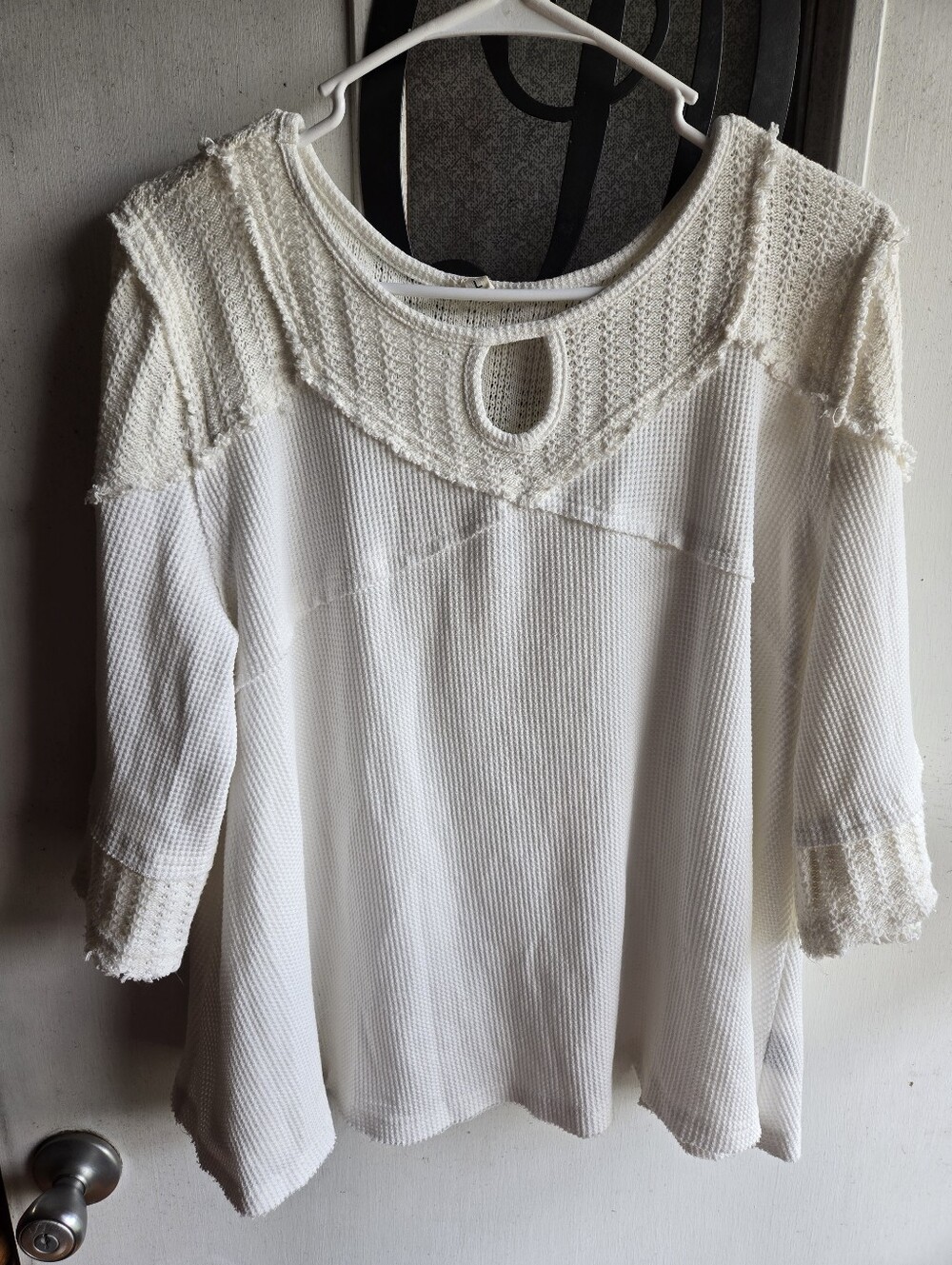 POL Women's Cream Knit Lace Yoke Top - EUC
